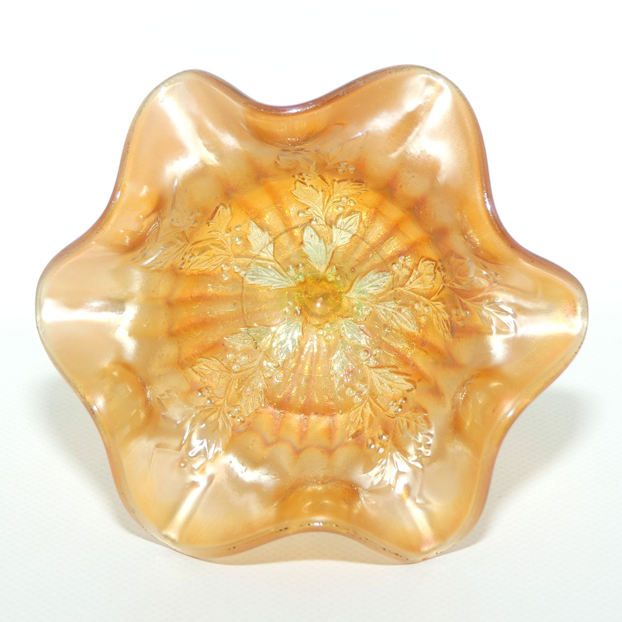 Carnival Glass footed comport | Marigold | Holly pattern | Uranium Glass glow
