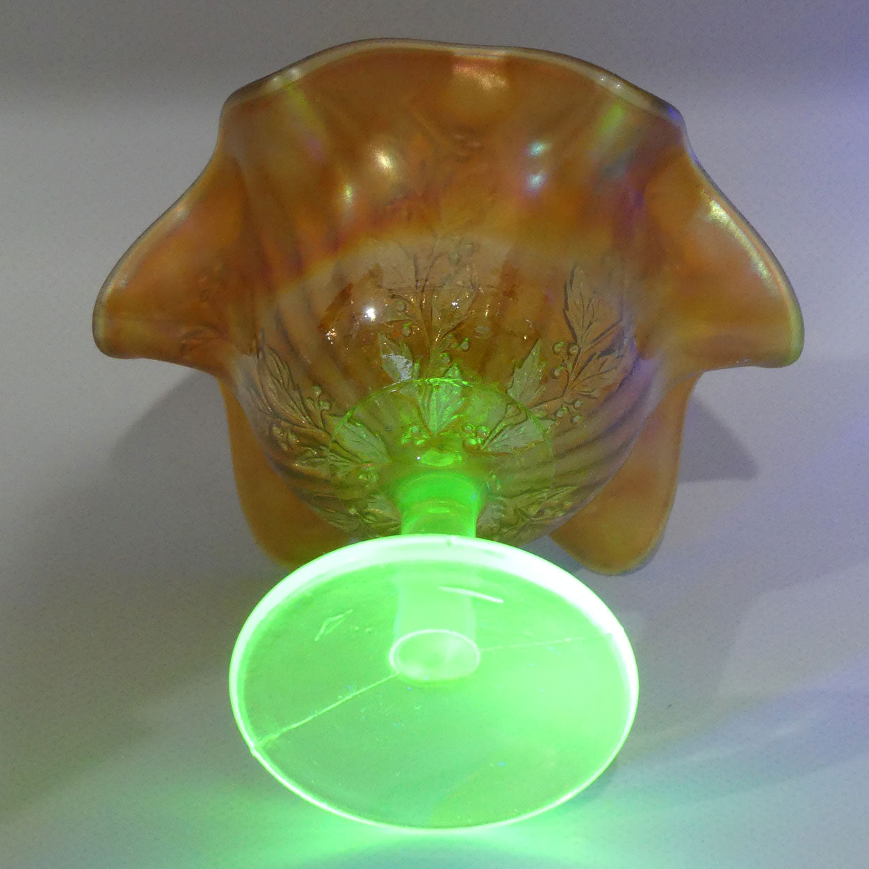 Carnival Glass footed comport | Marigold | Holly pattern | Uranium Glass glow