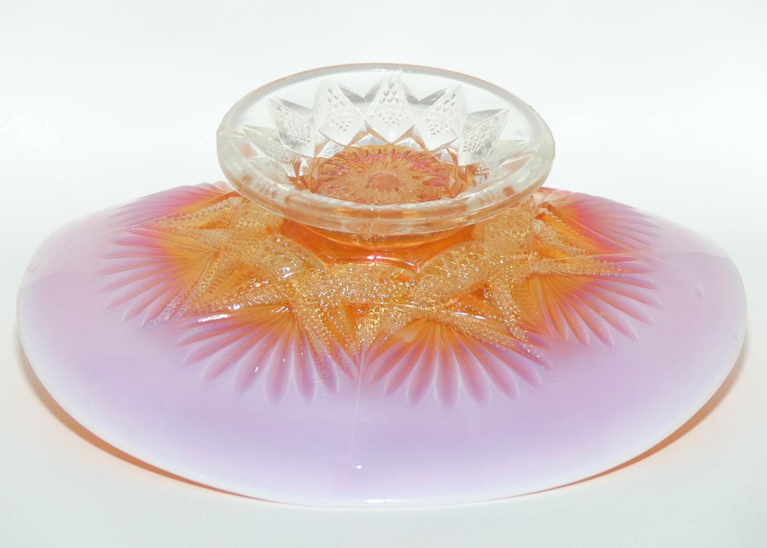 Dugan Carnival Glass | Ski Star pattern | Peach Opalescent colour
