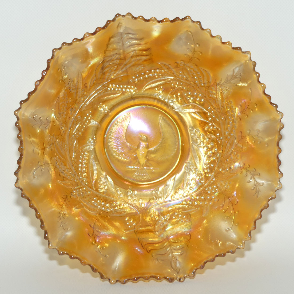 Australian Carnival Glass | Marigold Piping Shrike Master Bowl