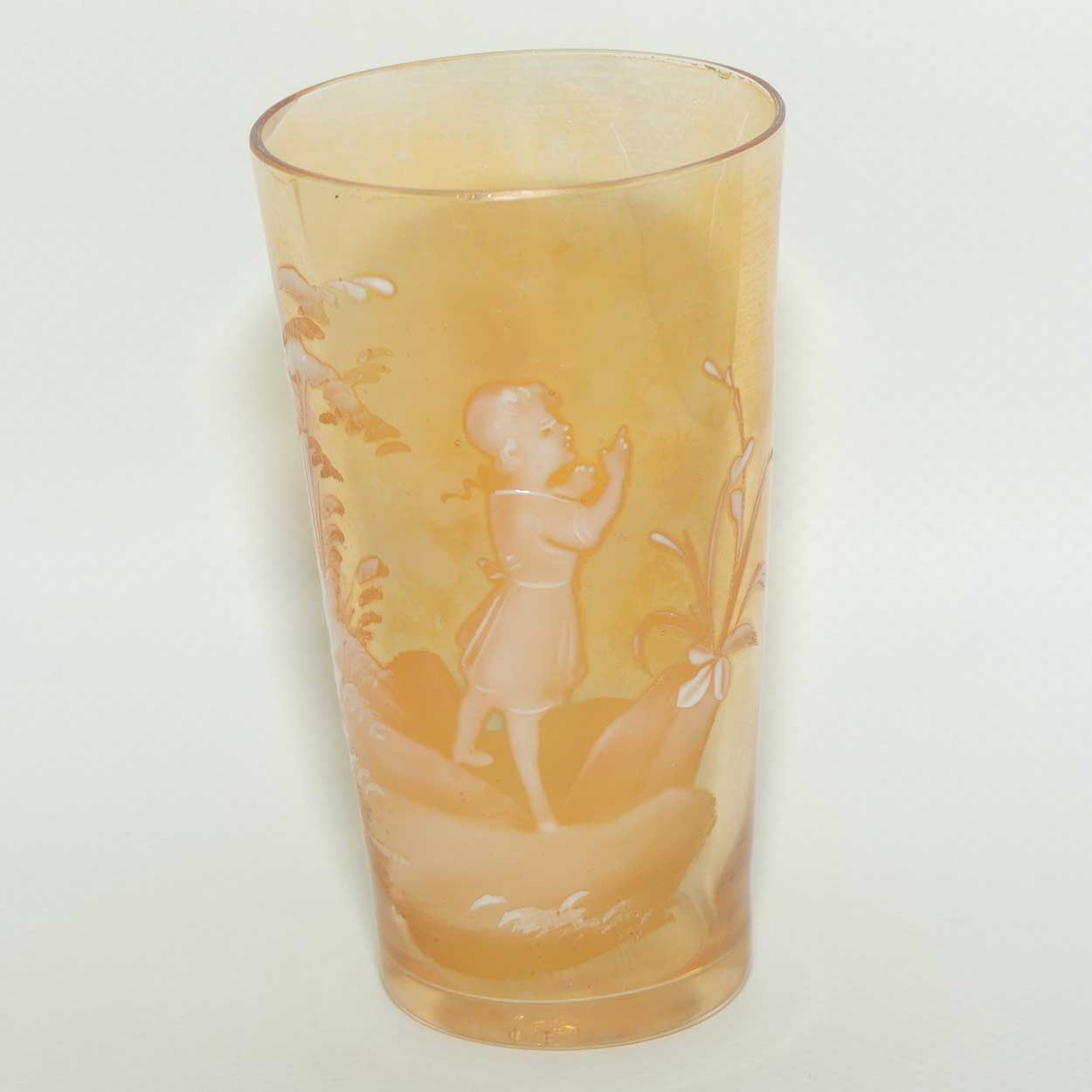 Mary Gregory on Marigold Iridescent glass tumbler | Girl walking