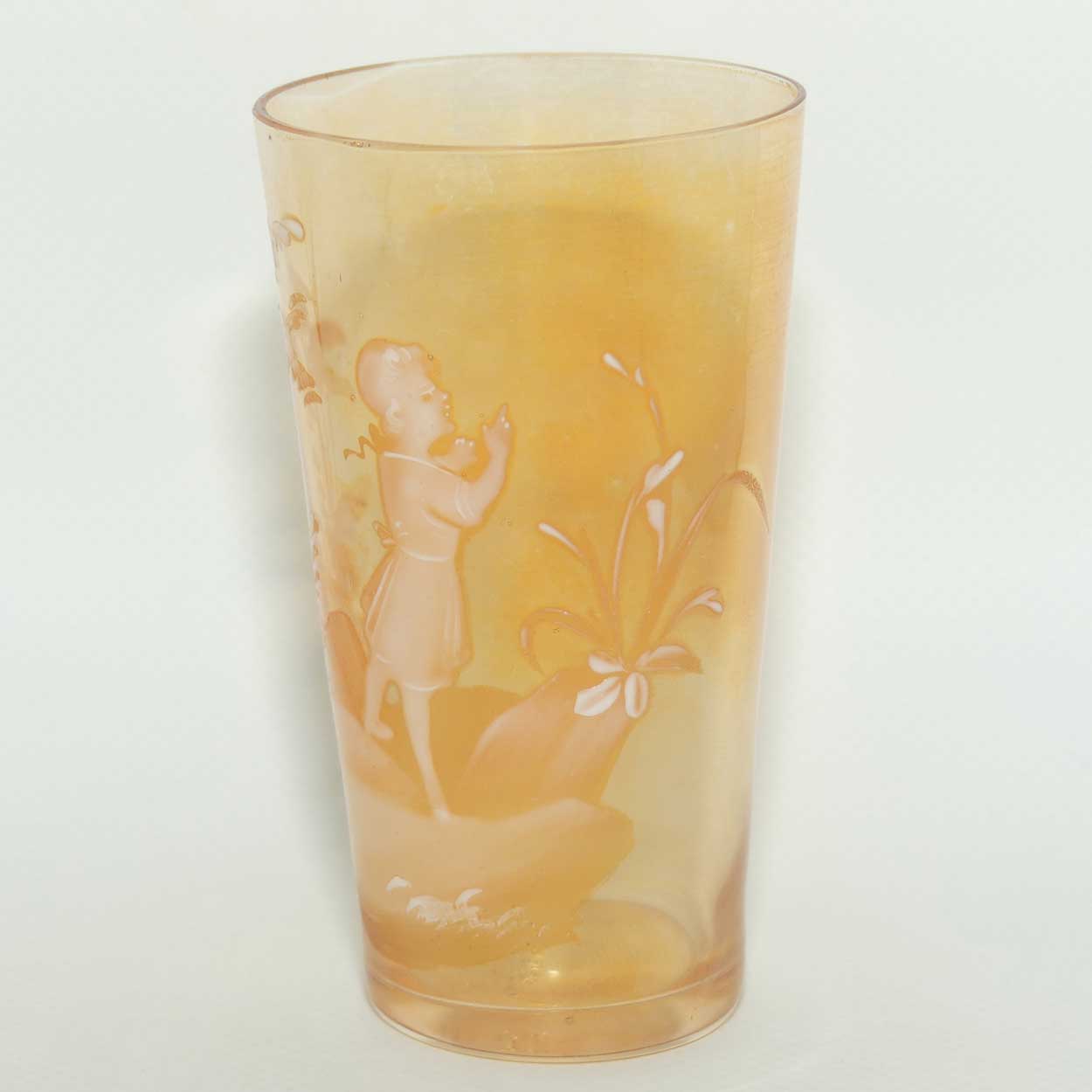 Mary Gregory on Marigold Iridescent glass tumbler | Girl walking