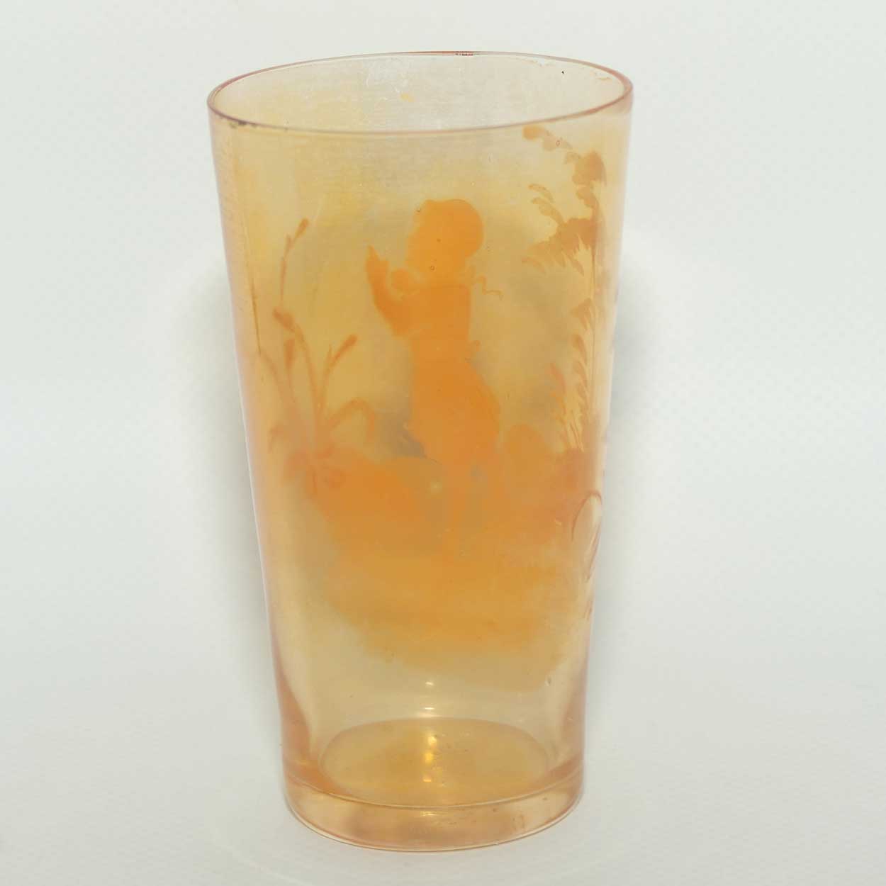 Mary Gregory on Marigold Iridescent glass tumbler | Girl walking