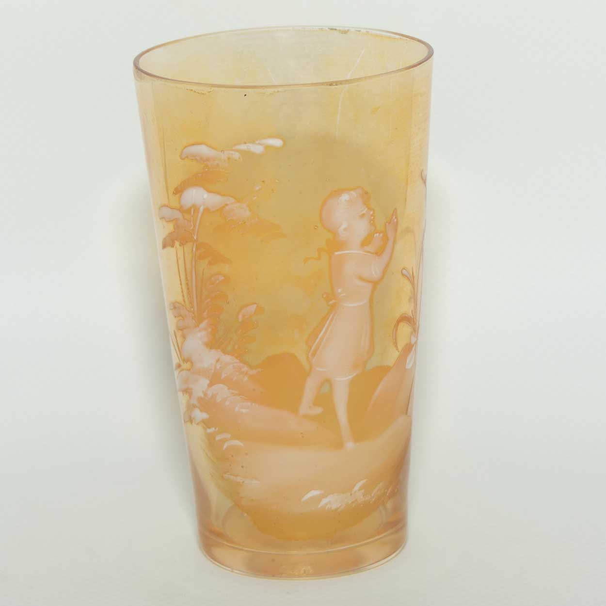 Mary Gregory on Marigold Iridescent glass tumbler | Girl walking