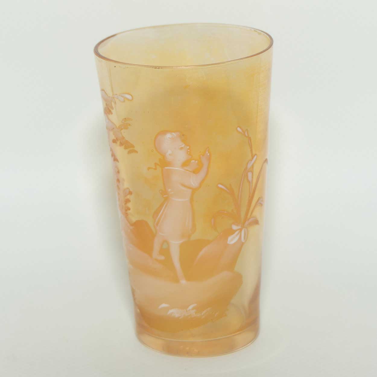 Mary Gregory on Marigold Iridescent glass tumbler | Girl walking