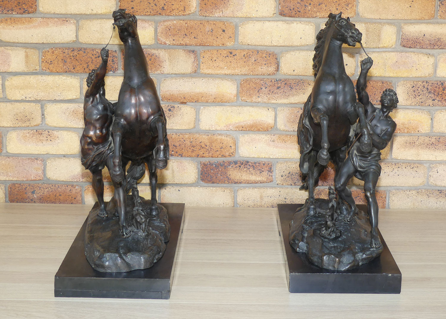 Late Victorian era Pair of very large Bronze Marly Horses on Black Slate bases