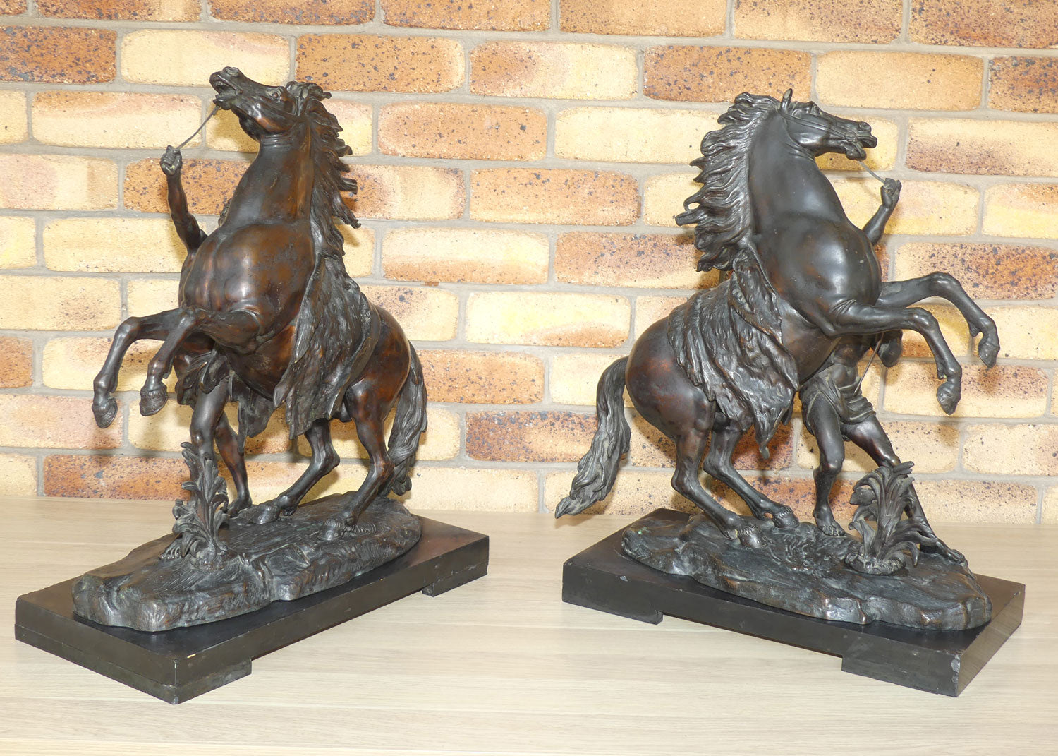 Late Victorian era Pair of very large Bronze Marly Horses on Black Slate bases