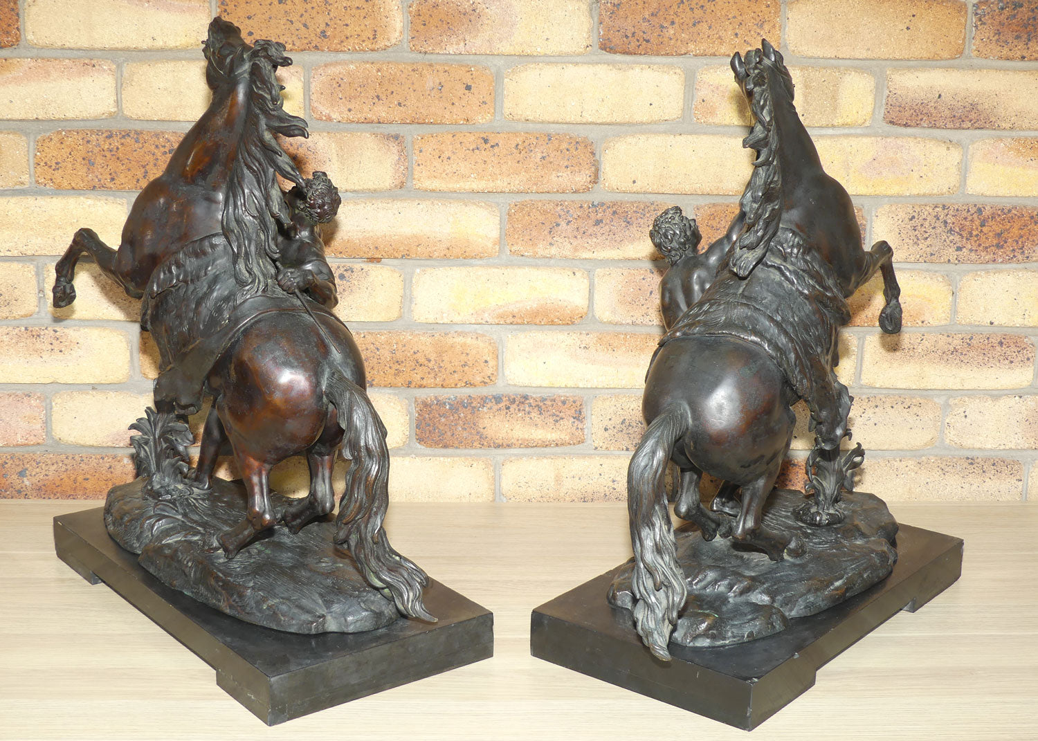 Late Victorian era Pair of very large Bronze Marly Horses on Black Slate bases