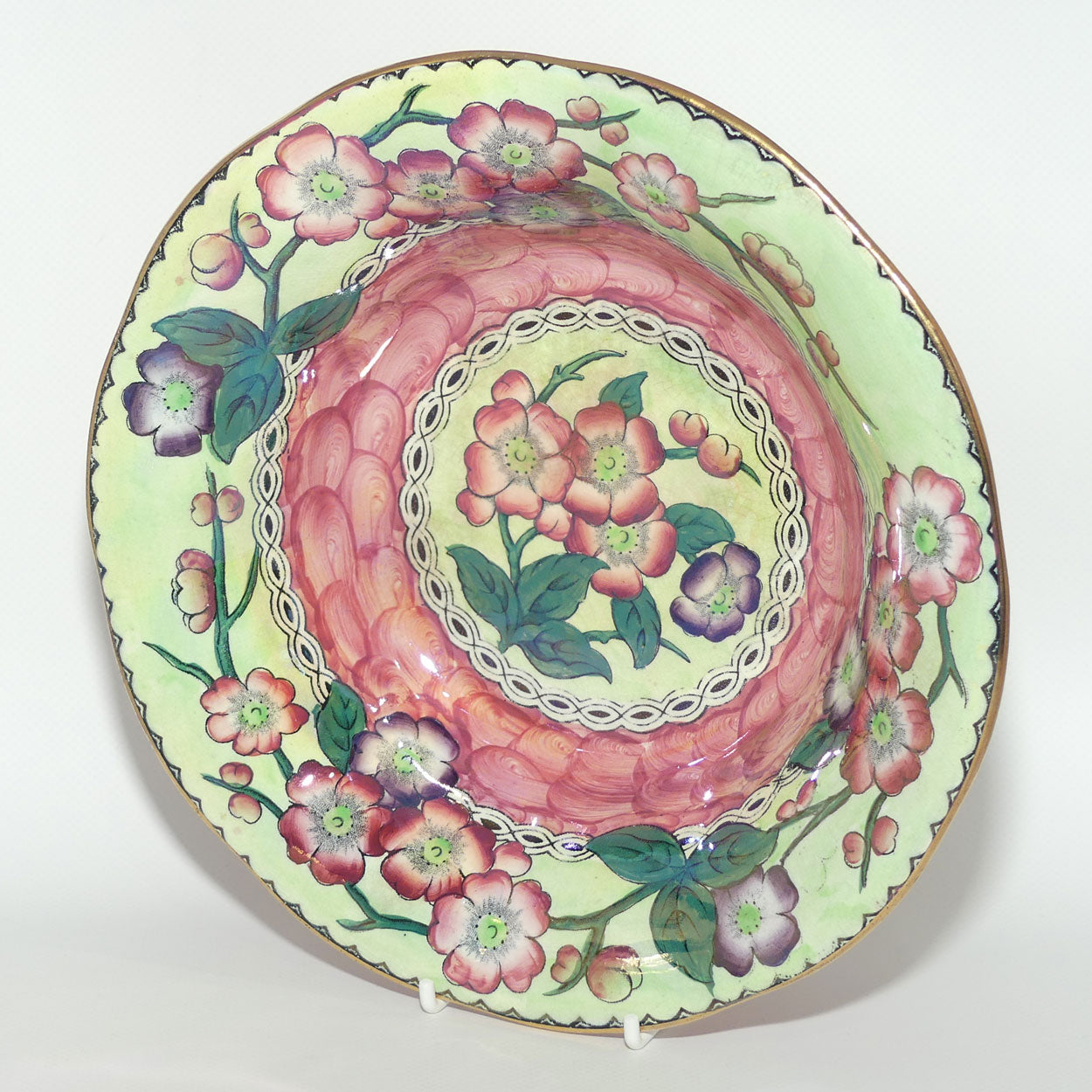 Maling Lustre May Bloom with Green fluted rim bowl | Pattern 6482 | 23cm