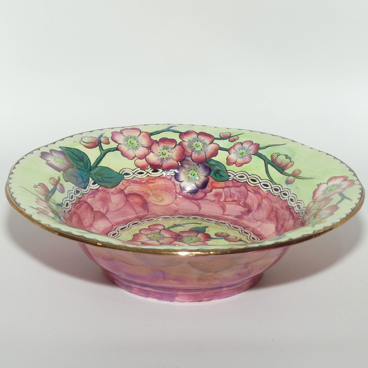 Maling Lustre May Bloom with Green fluted rim bowl | Pattern 6482 | 23cm