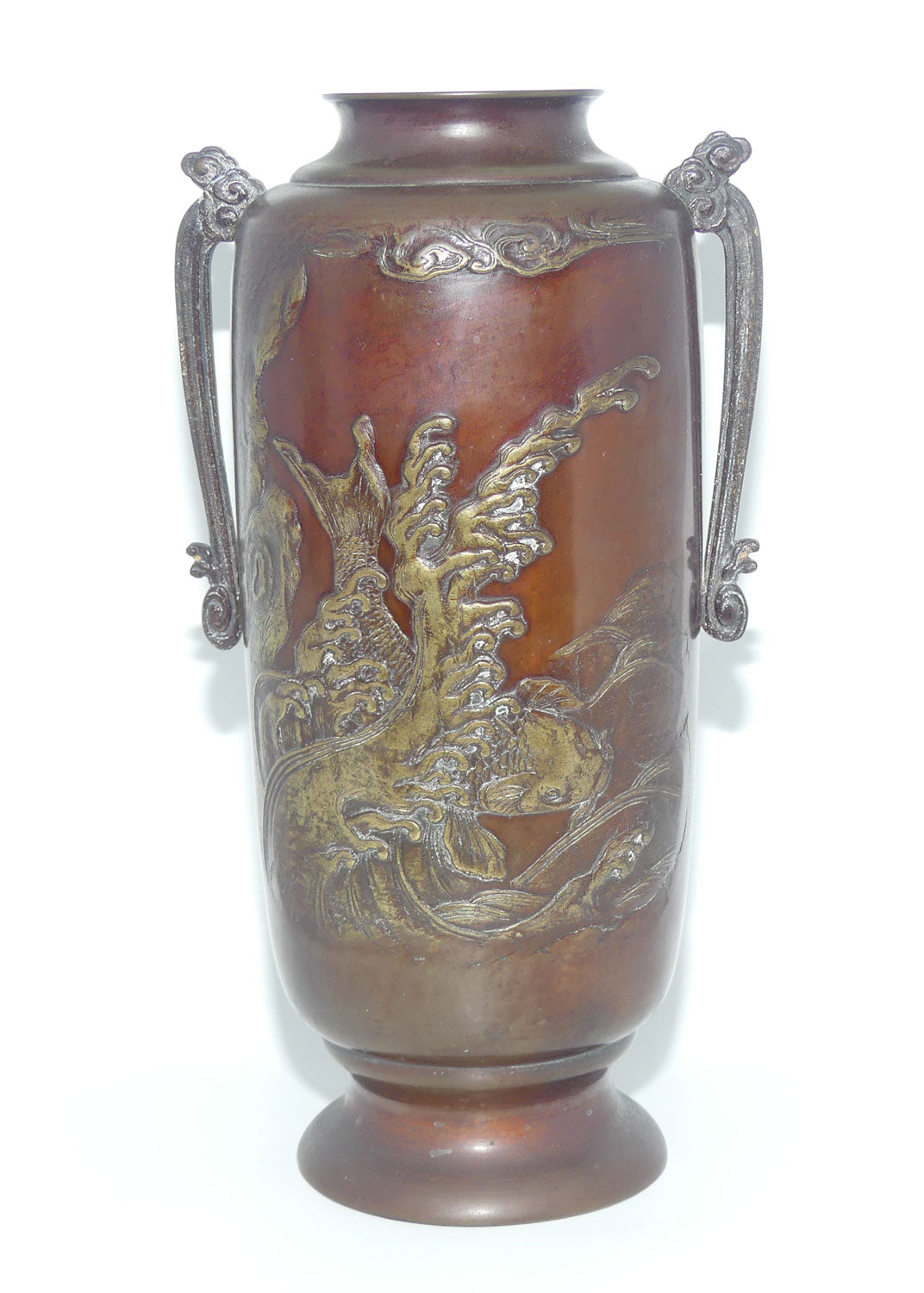 Meiji period Japanese Bronze vase | Bas relief depicting Koi