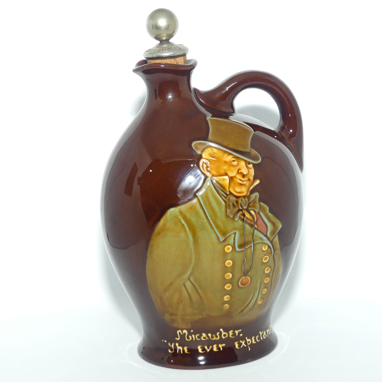 Royal Doulton Kingsware DEWARS Dickens Mr Micawber flask + Stopper
