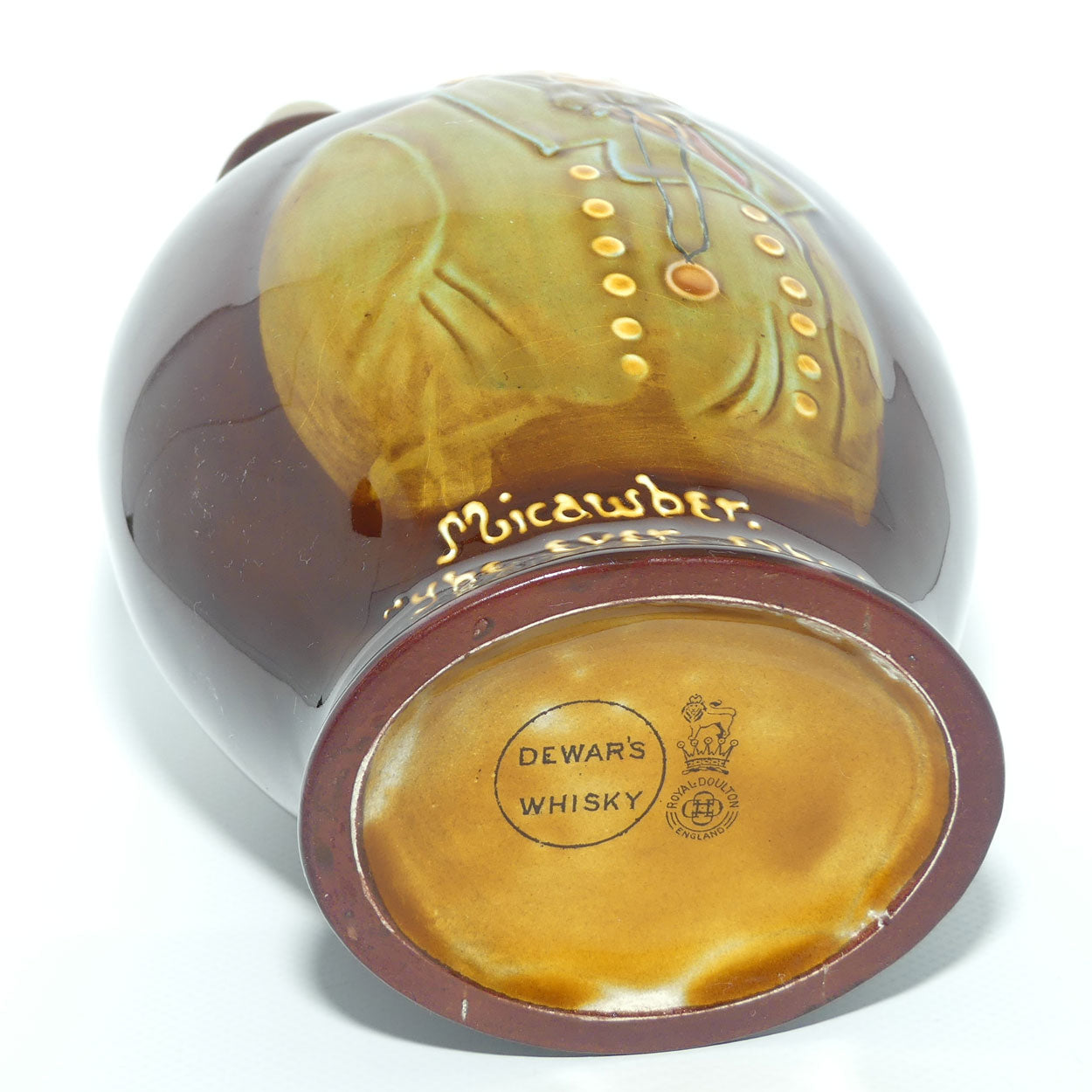 Royal Doulton Kingsware DEWARS Dickens Mr Micawber flask + Stopper