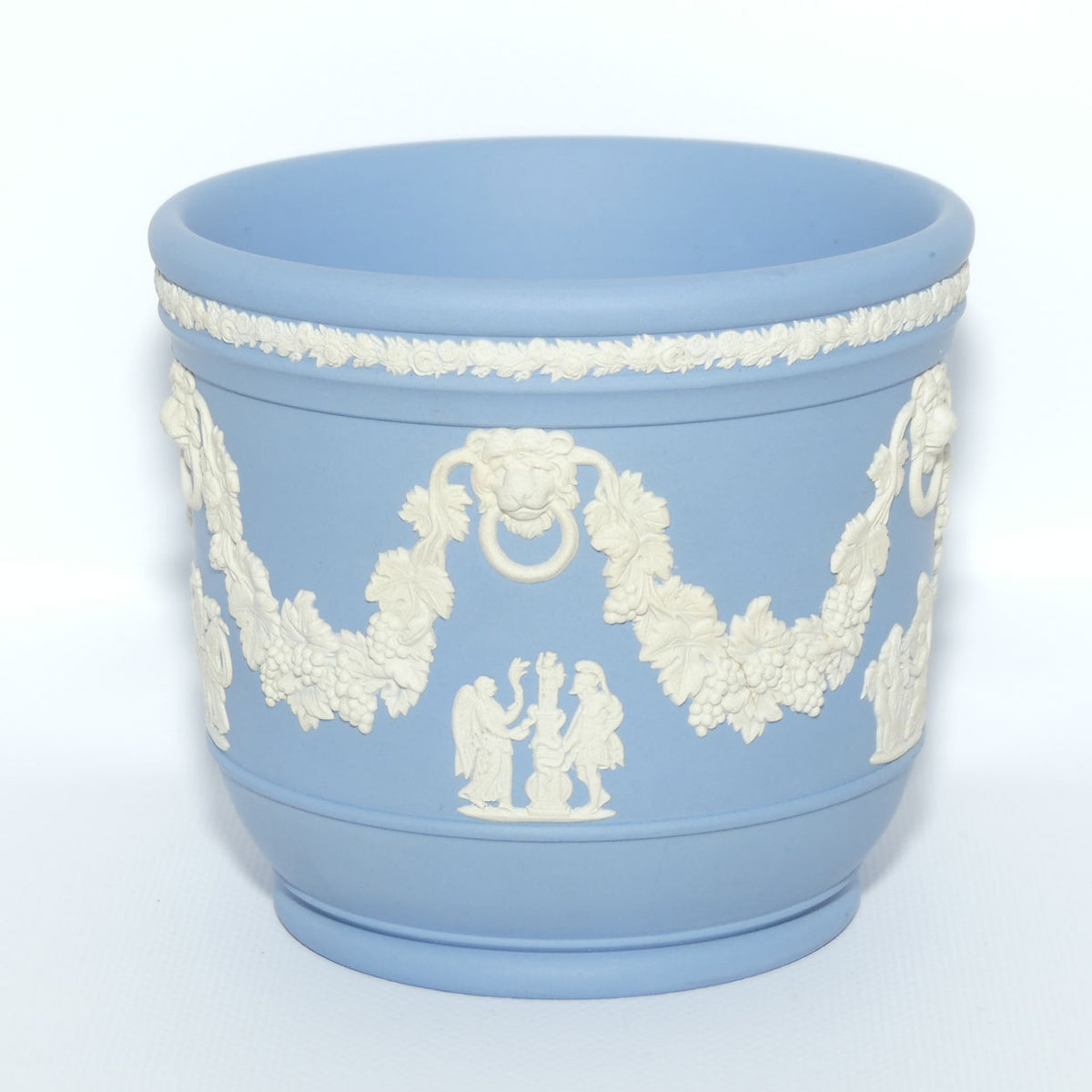 Wedgwood Jasper | White on Pale Blue miniature planter | Lion with Ring in mouth and Grape and Vine