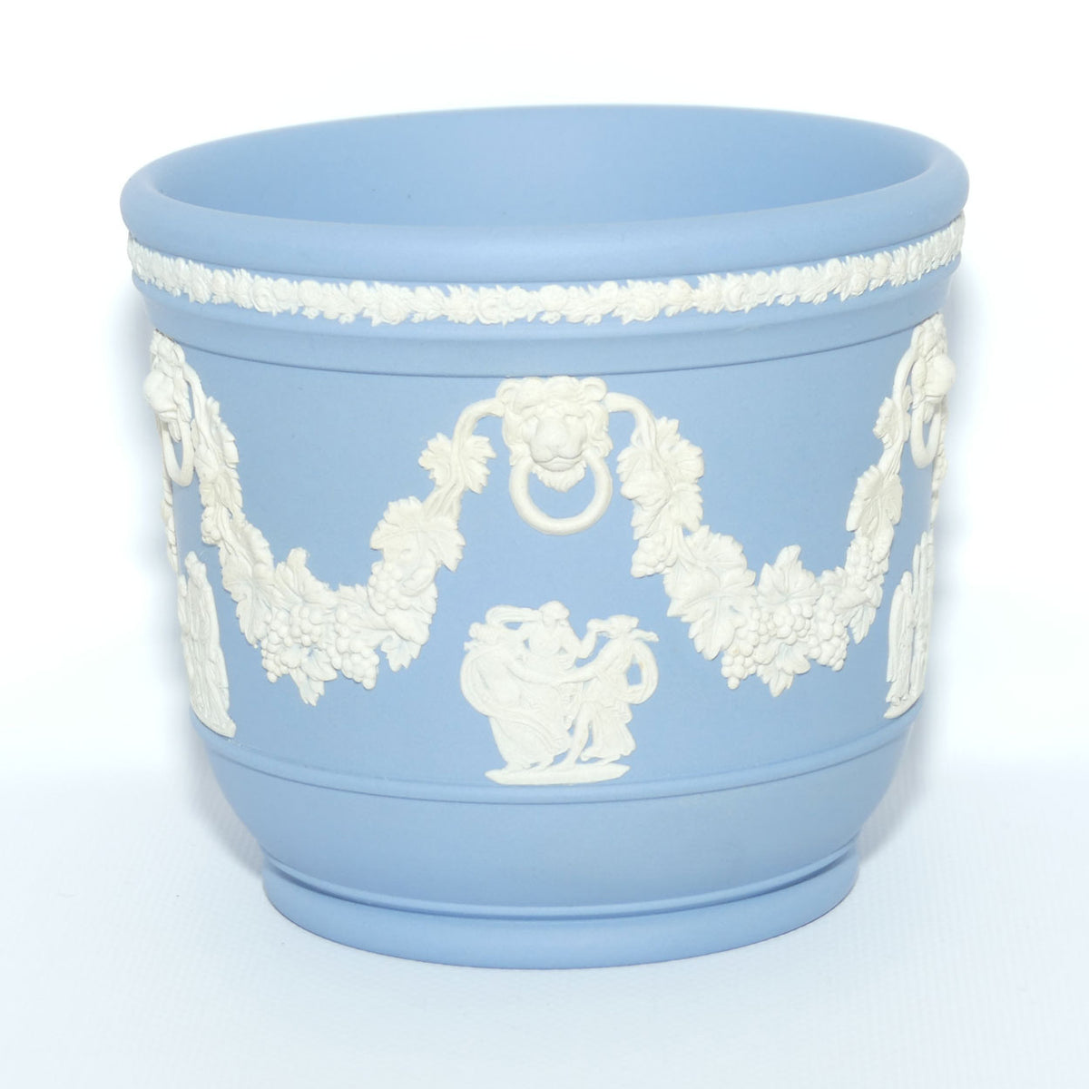 Wedgwood Jasper | White on Pale Blue miniature planter | Lion with Ring in mouth and Grape and Vine