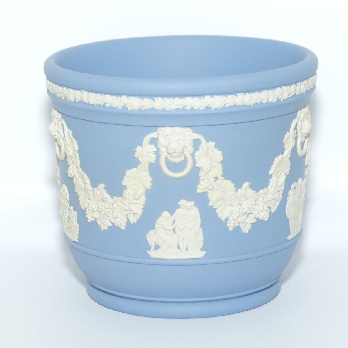 Wedgwood Jasper | White on Pale Blue miniature planter | Lion with Ring in mouth and Grape and Vine