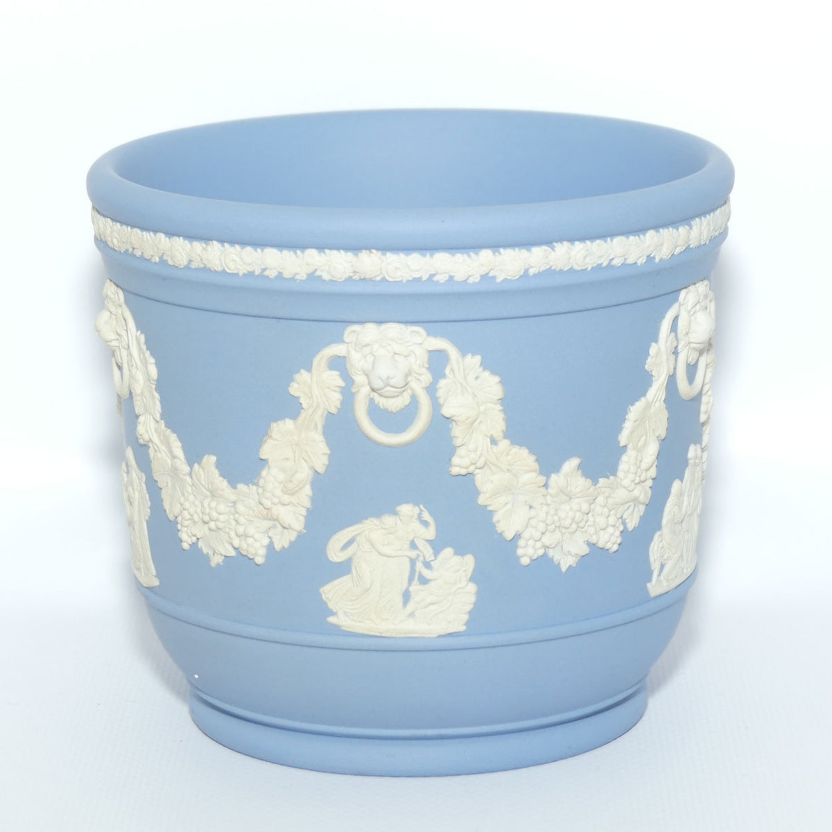 Wedgwood Jasper | White on Pale Blue miniature planter | Lion with Ring in mouth and Grape and Vine