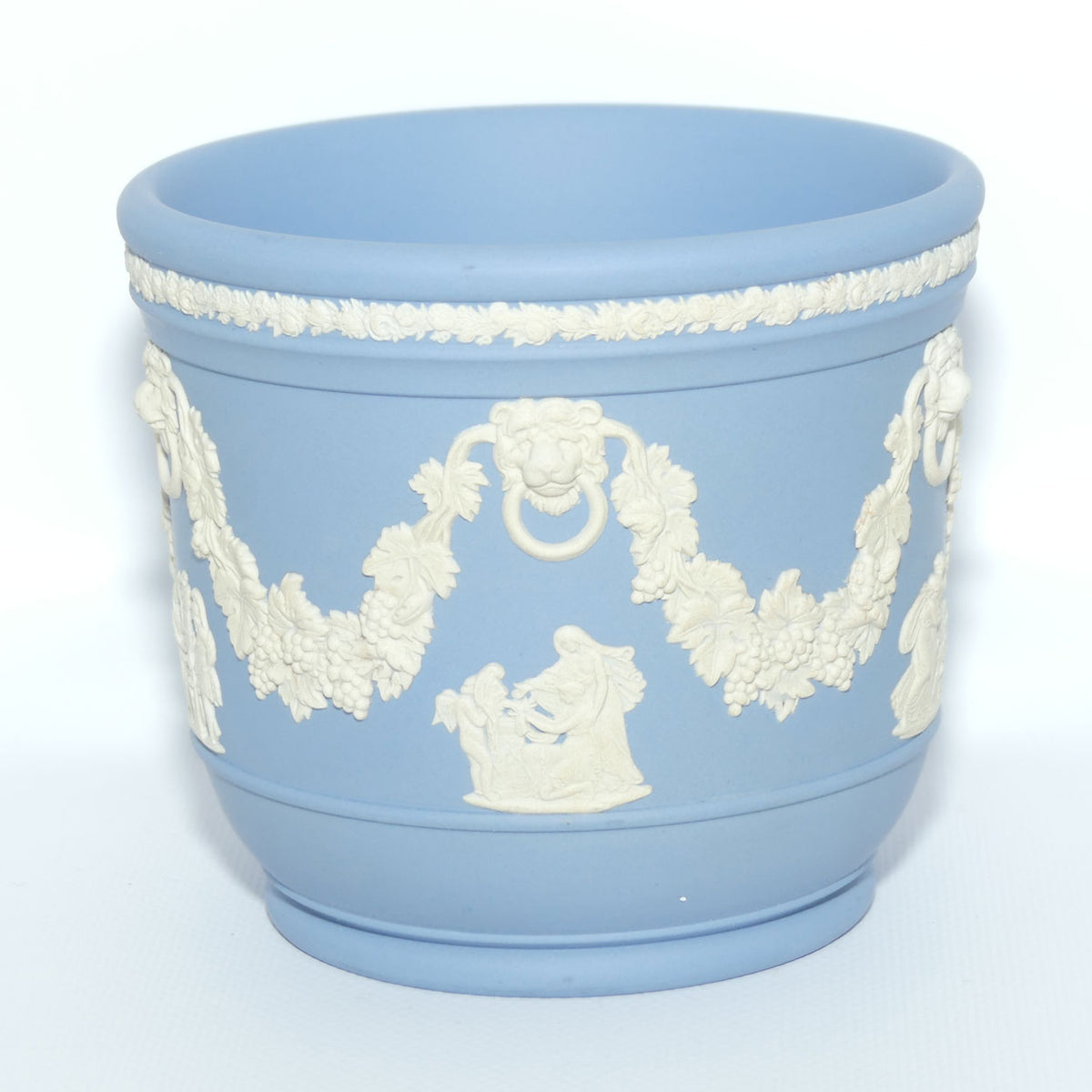 Wedgwood Jasper | White on Pale Blue miniature planter | Lion with Ring in mouth and Grape and Vine