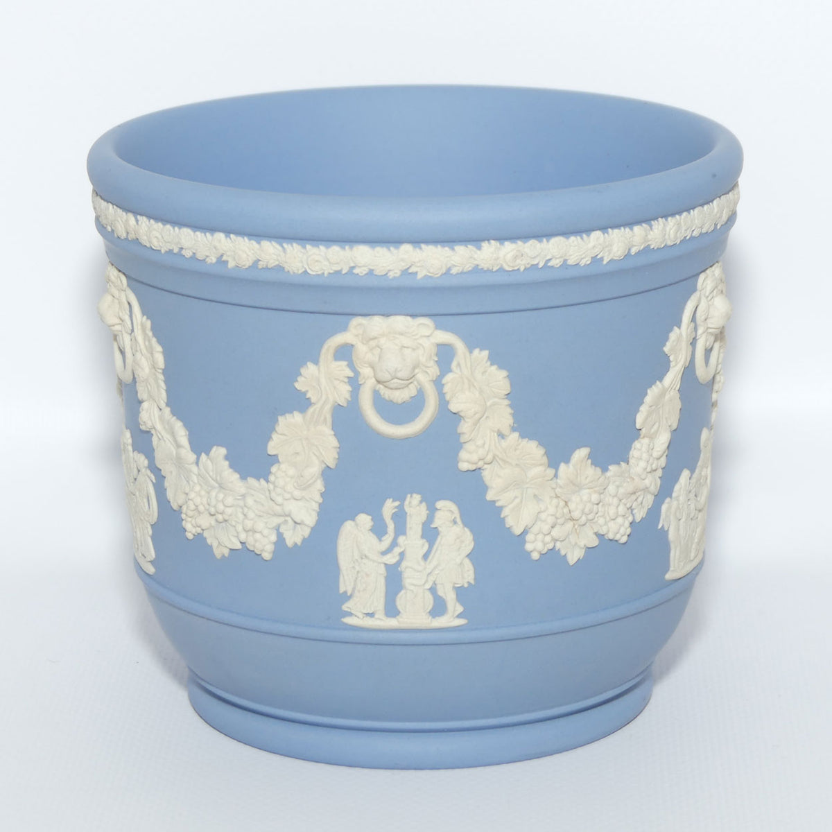 Wedgwood Jasper | White on Pale Blue miniature planter | Lion with Ring in mouth and Grape and Vine