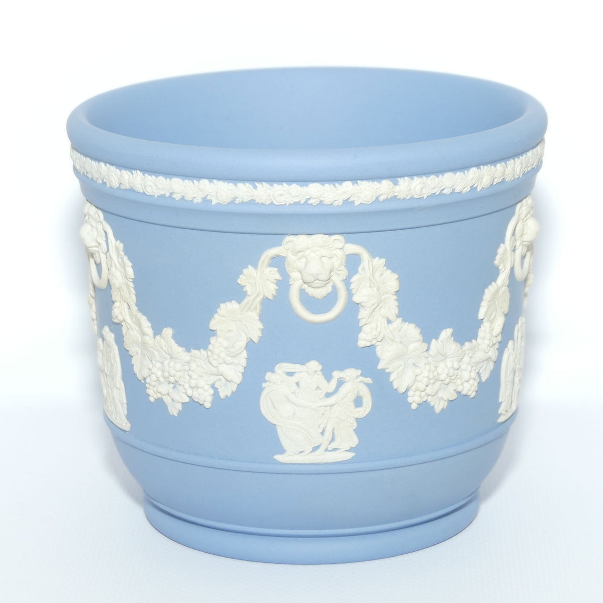 Wedgwood Jasper | White on Pale Blue miniature planter | Lion with Ring in mouth and Grape and Vine