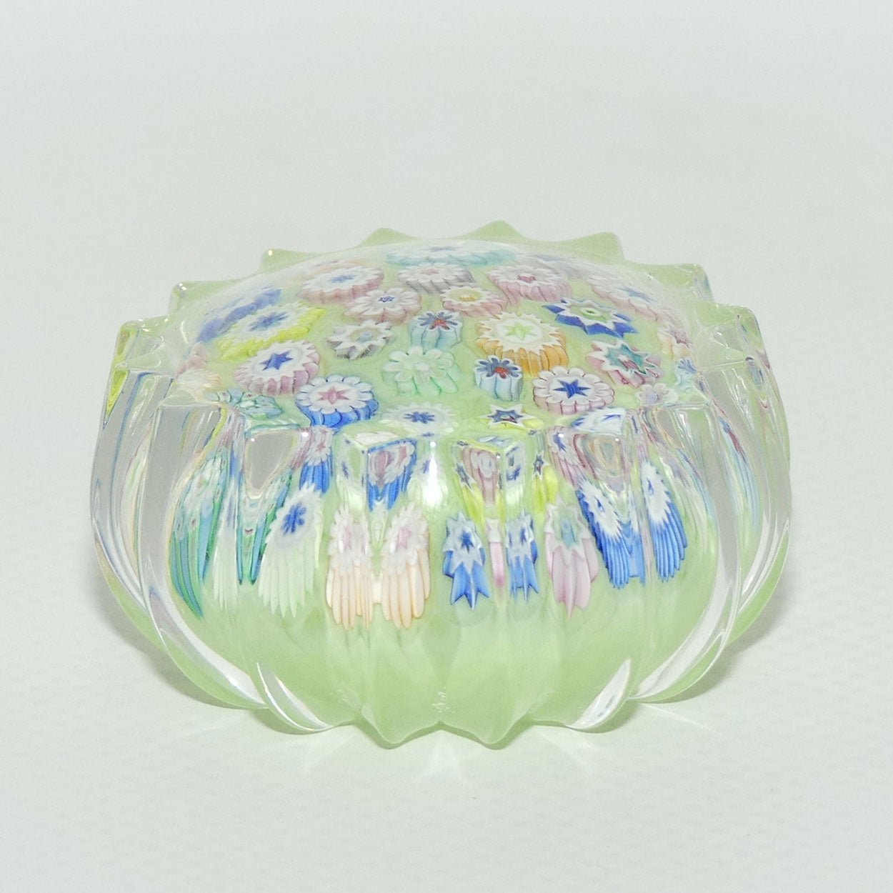 John Deacons Scotland Millefiori Closepack miniature paperweight | Ribbed | Tea Green