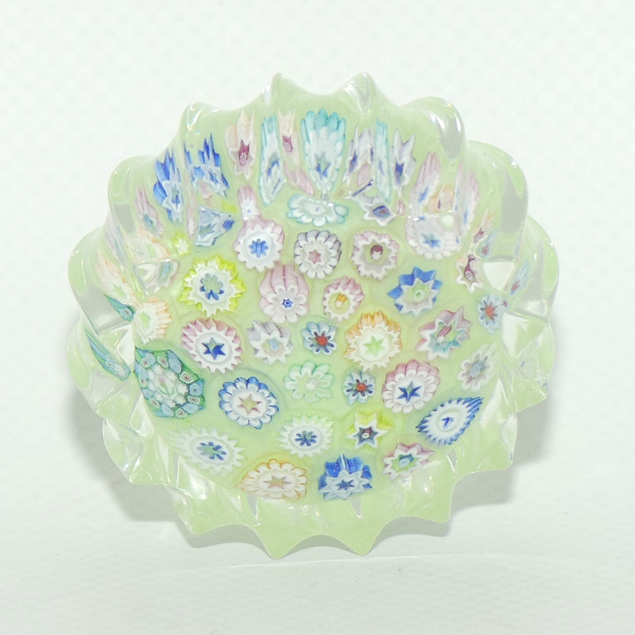 John Deacons Scotland Millefiori Closepack miniature paperweight | Ribbed | Tea Green