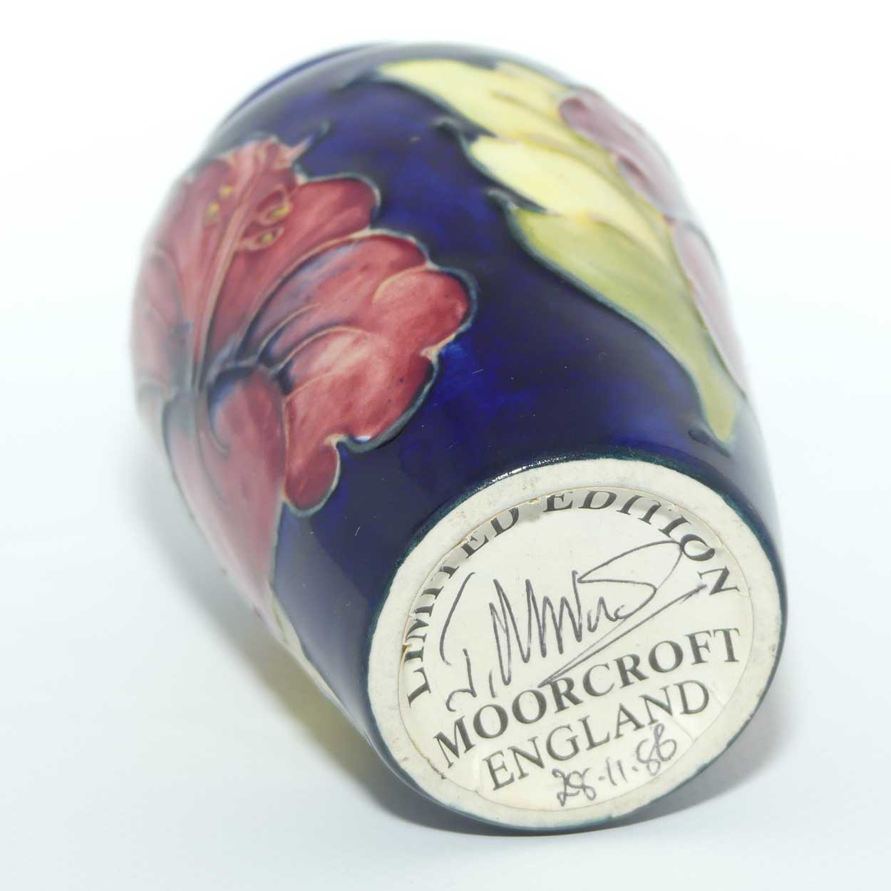 Walter Moorcroft Hibiscus on Blue ground small vase | Original Paper Label to base