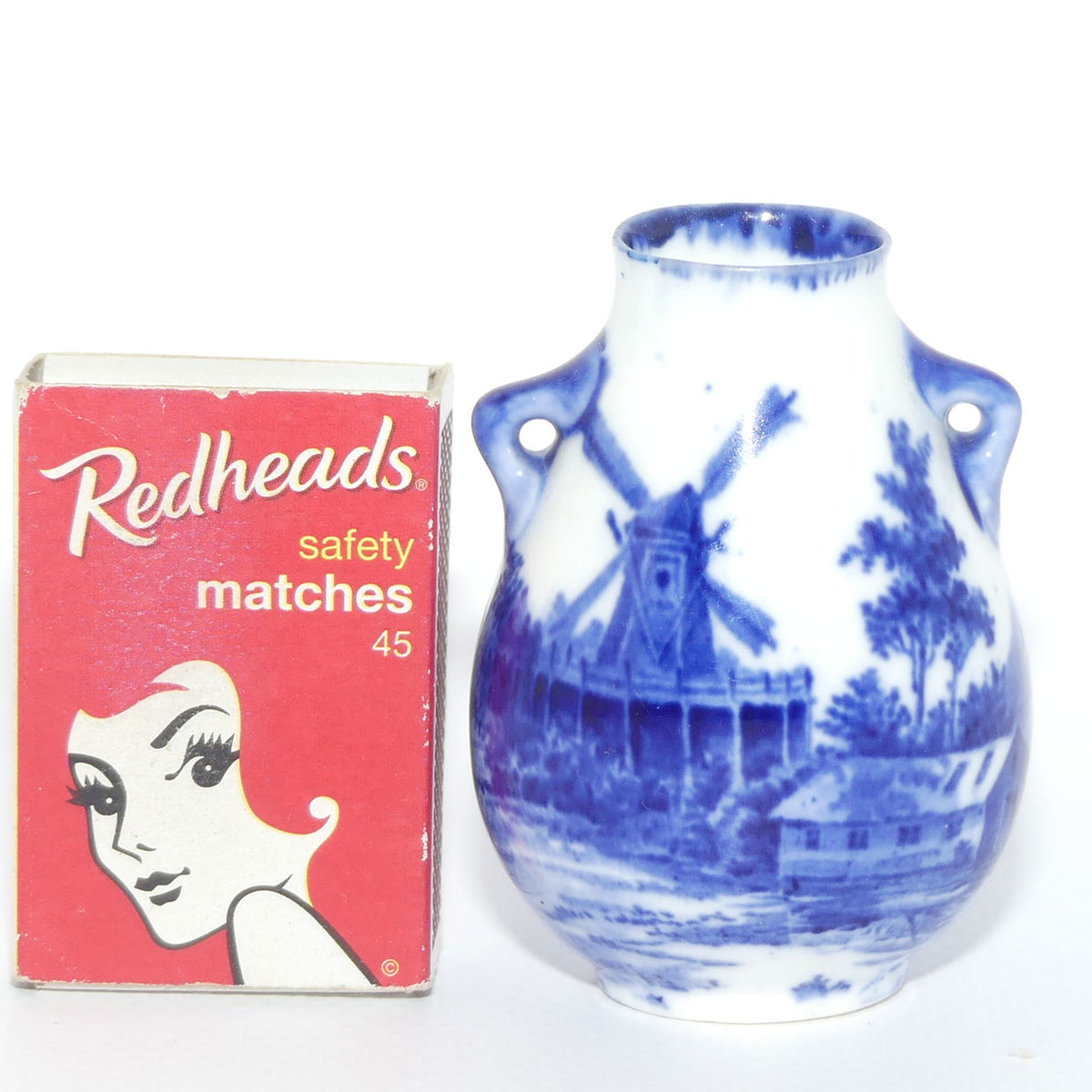 Royal Doulton Norfolk Blue and White miniature vase | Twin Handle | Windmill scene
