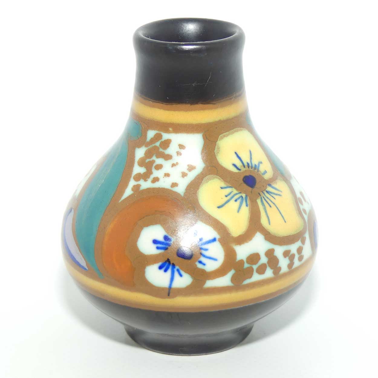 Gouda Holland miniature vase | Pansy motif | original retailer label to base