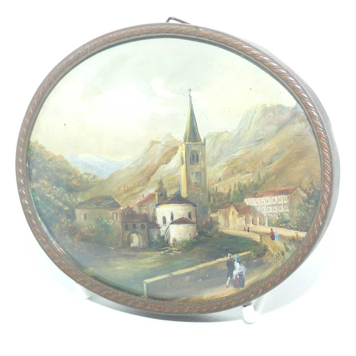 near Antique Miniature Oil Painting in oval Bronzed Frame | European scene signed Molnar