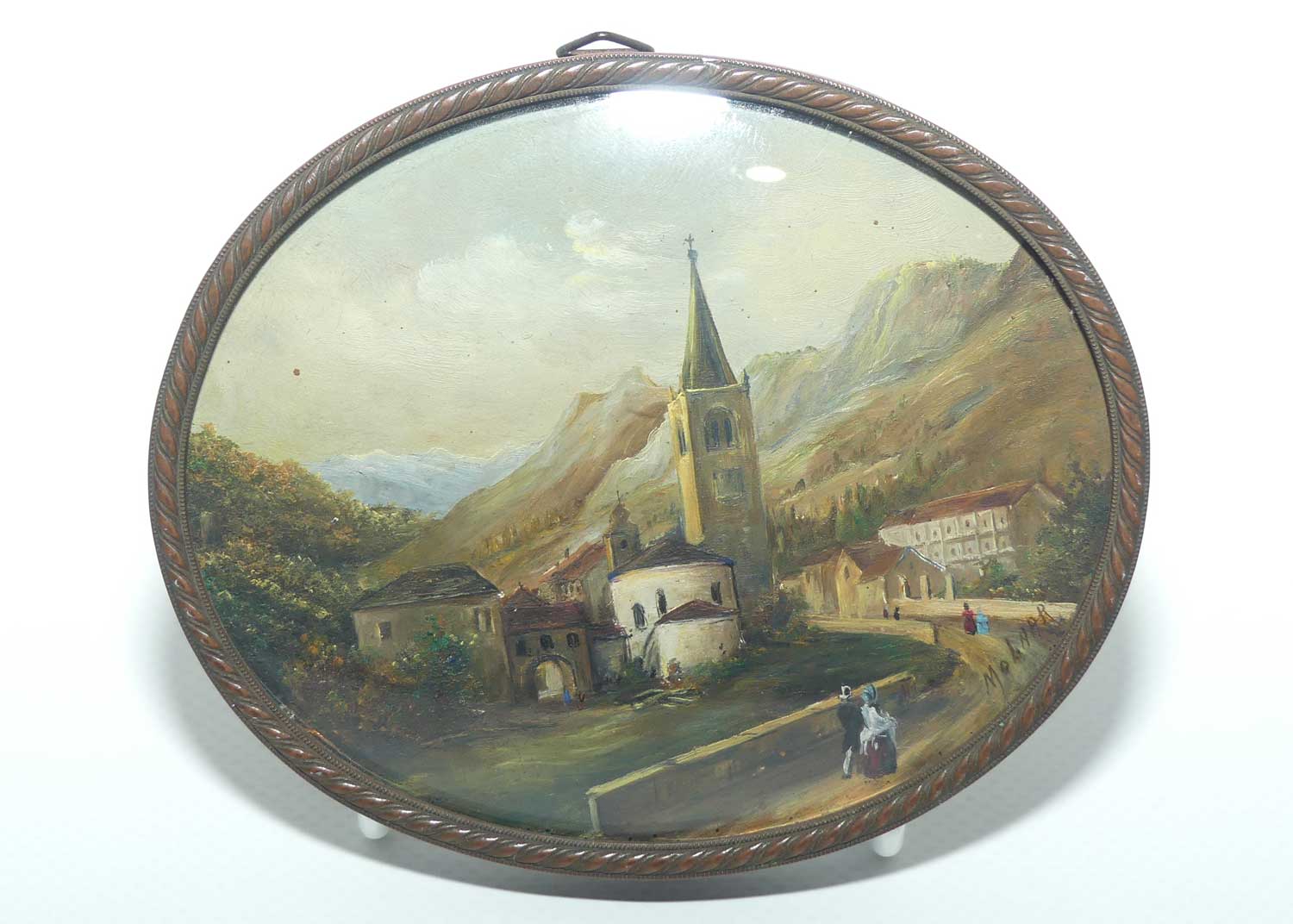 near Antique Miniature Oil Painting in oval Bronzed Frame | European scene signed Molnar