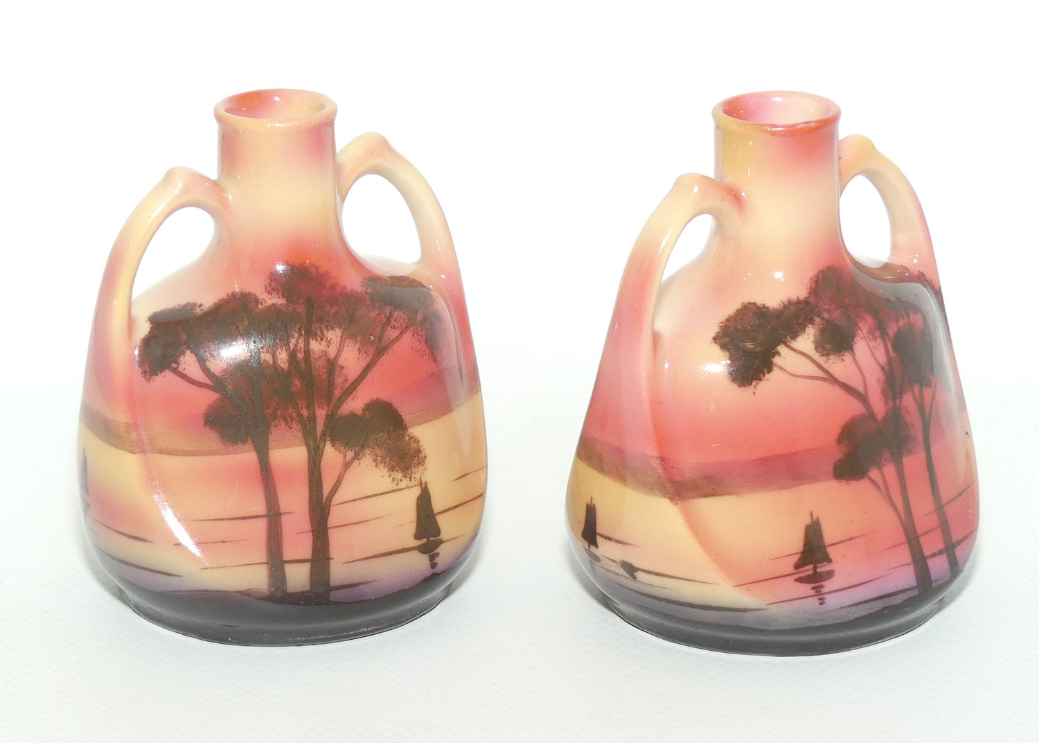 Royal Bayreuth pair of miniature twin handle Sail Boat vases