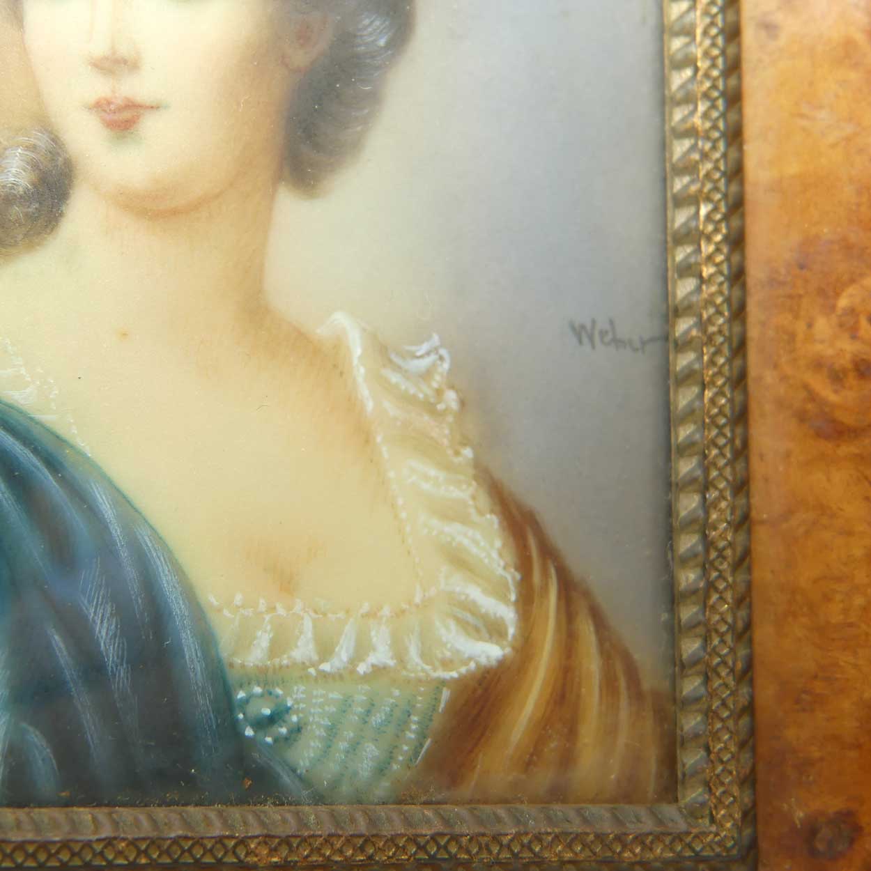 Burr Walnut Framed Miniature Painting of Lady | signed Weber