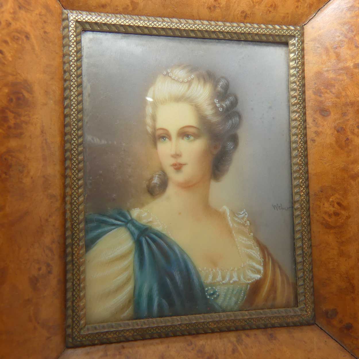 Burr Walnut Framed Miniature Painting of Lady | signed Weber