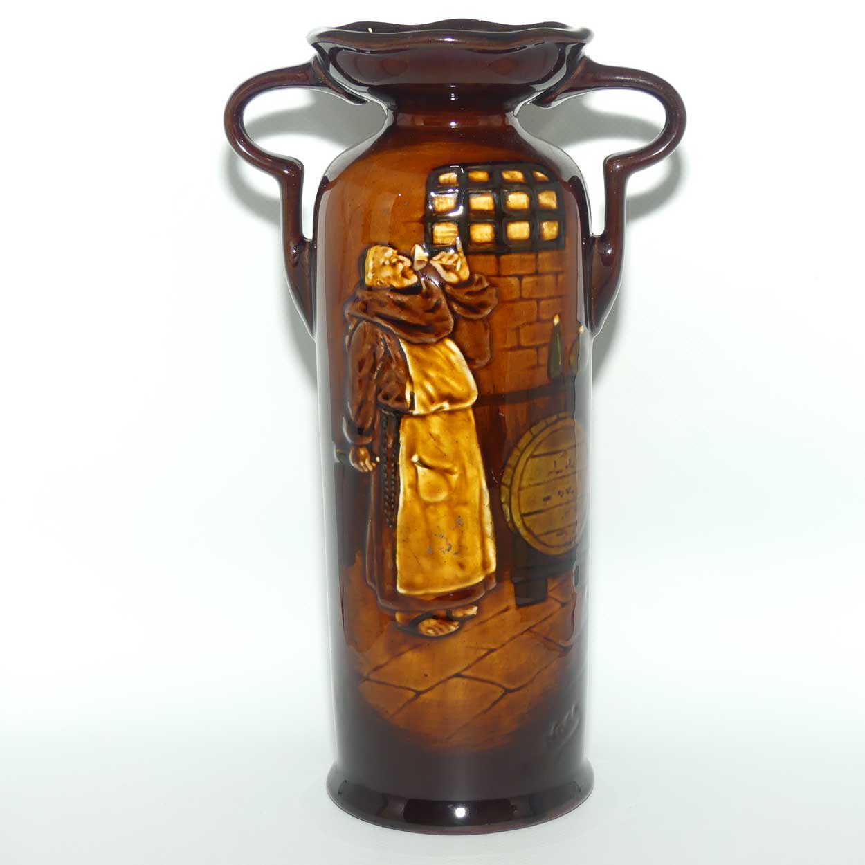 Royal Doulton Kingsware double handle vase | Monk Raising a Glass | Bottle in Hand, Barrel and Window in Room