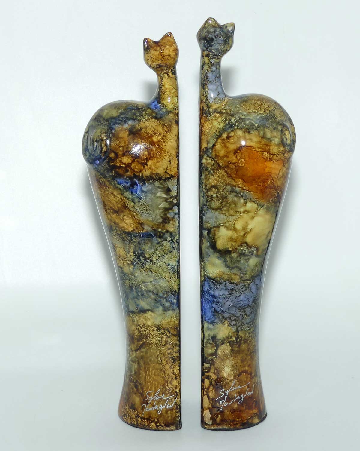 Sylvie Montagnon Verrerie d'Art France Ceramic Marbled Glaze decorative cat shelf ends