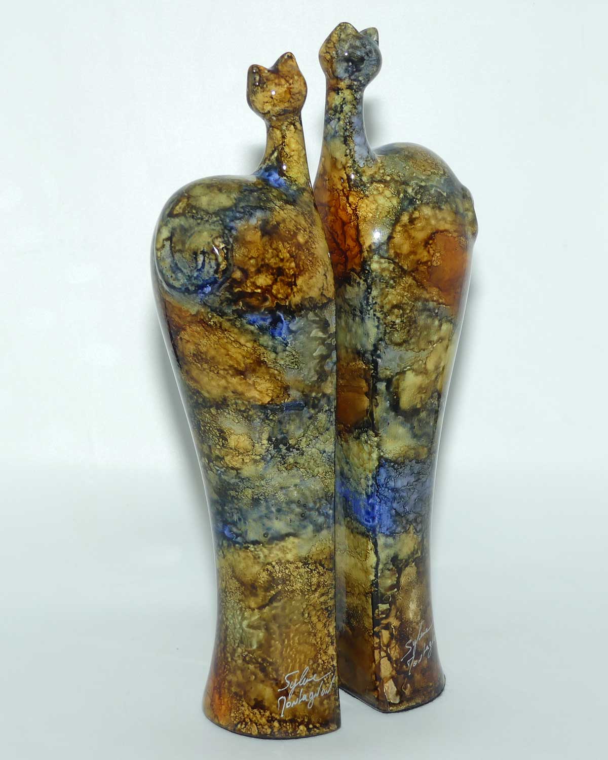 Sylvie Montagnon Verrerie d'Art France Ceramic Marbled Glaze decorative cat shelf ends
