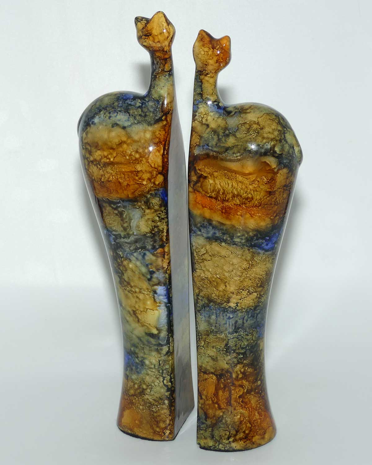 Sylvie Montagnon Verrerie d'Art France Ceramic Marbled Glaze decorative cat shelf ends