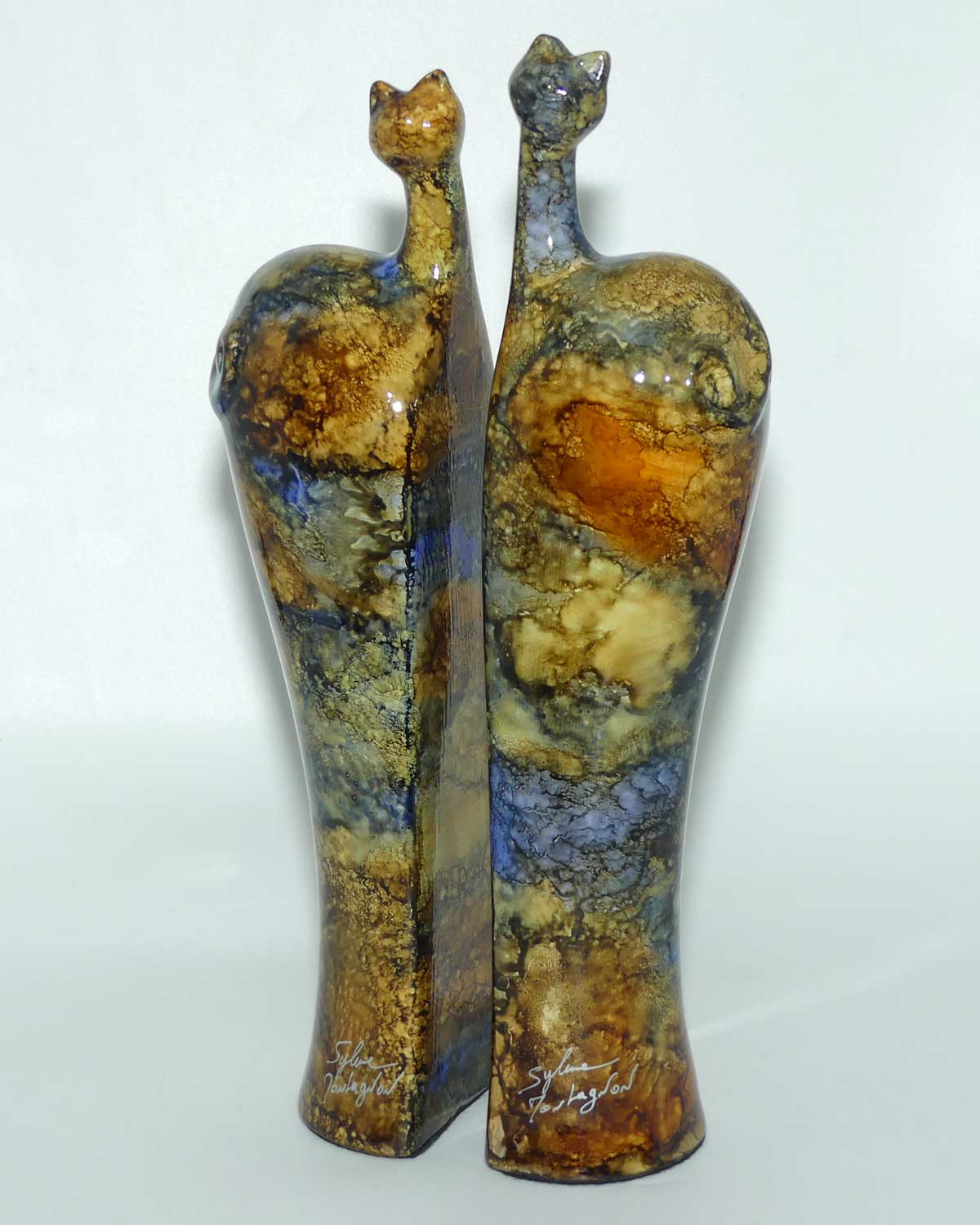 Sylvie Montagnon Verrerie d'Art France Ceramic Marbled Glaze decorative cat shelf ends