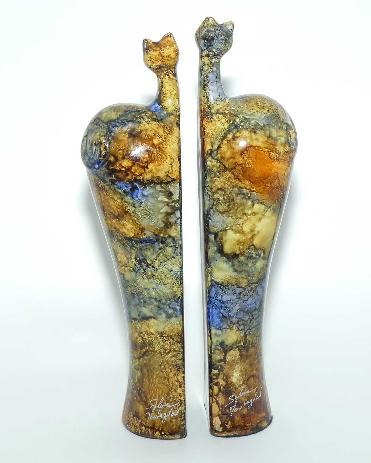 Sylvie Montagnon Verrerie d'Art France Ceramic Marbled Glaze decorative cat shelf ends