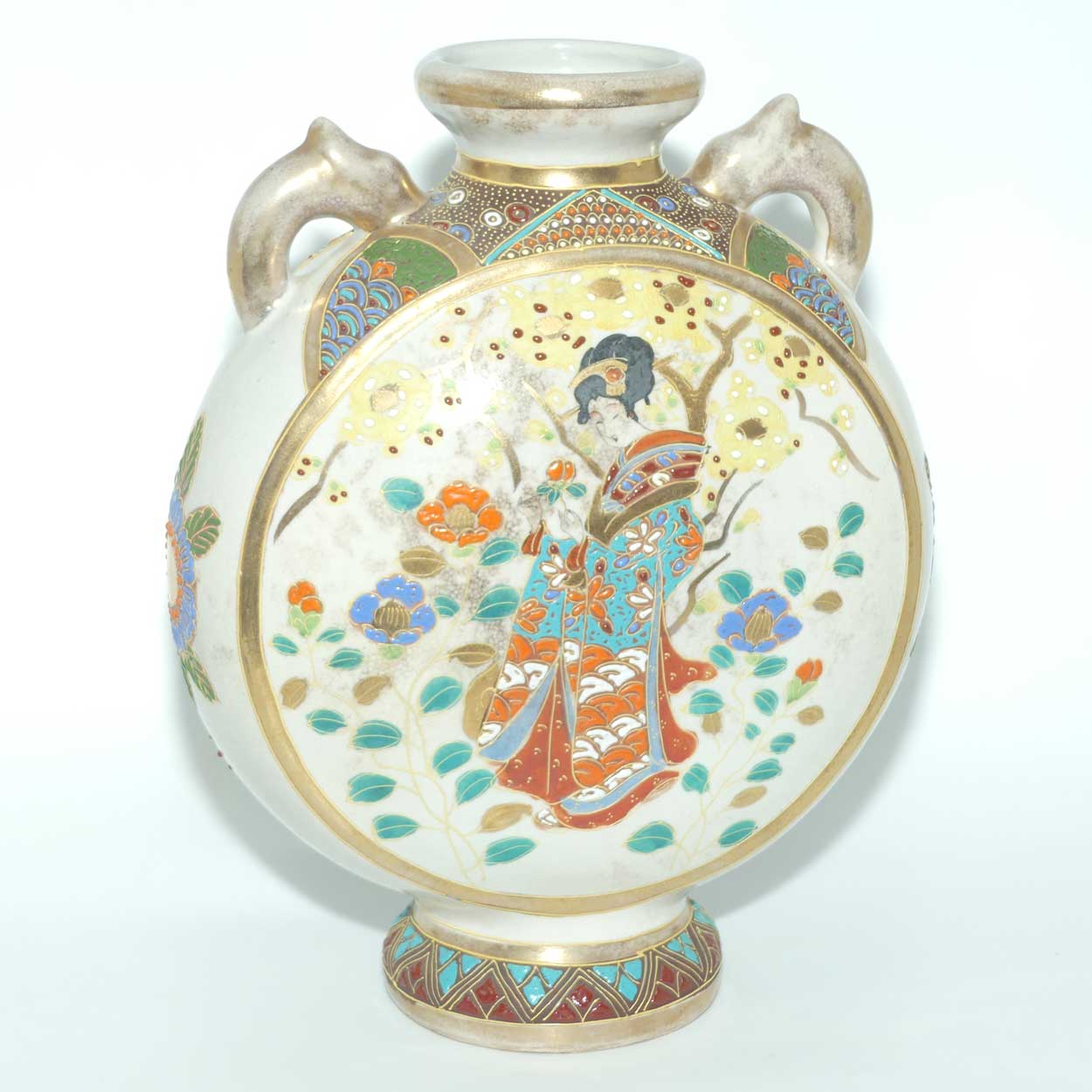 Early 20th Century Japanese Moriage Ware twin handle Moon Flask