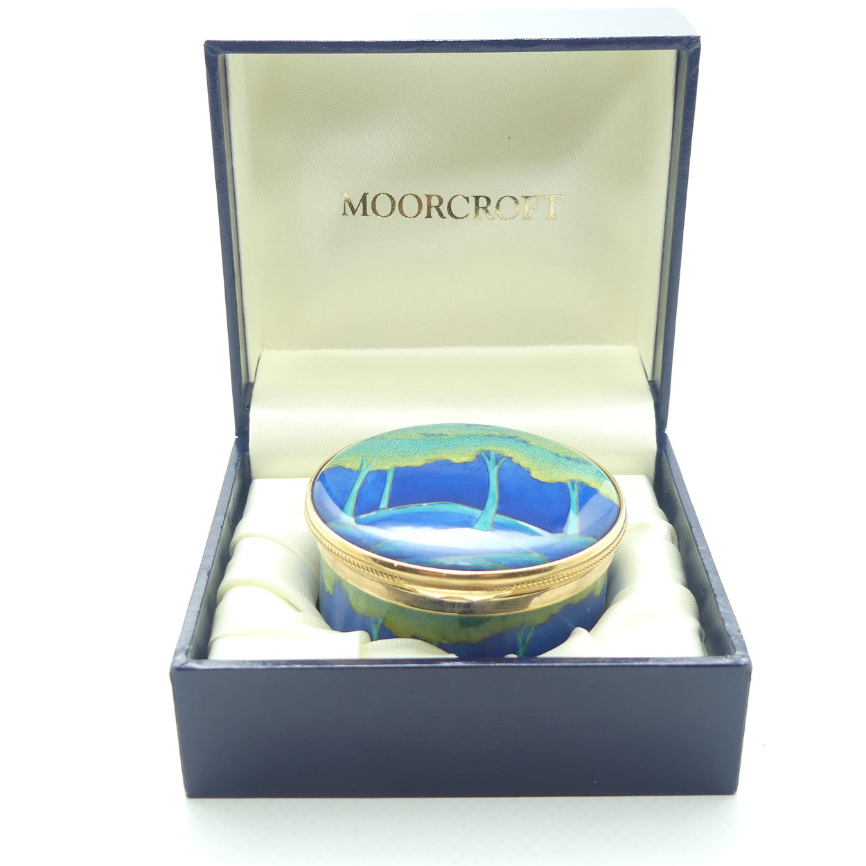 Moorcroft Enamels | Moonlit Blue hinged lid round trinket box | boxed
