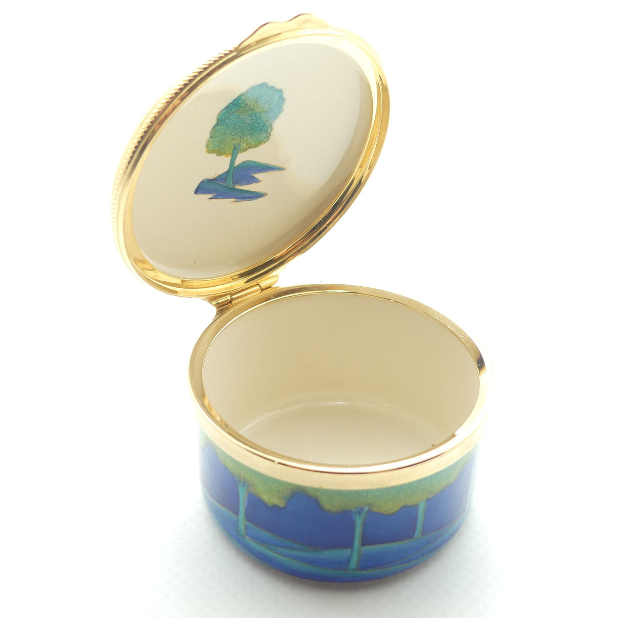 Moorcroft Enamels | Moonlit Blue hinged lid round trinket box | boxed