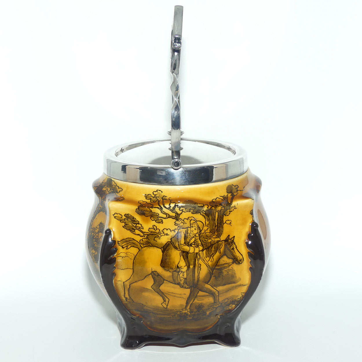 Royal Doulton Hunting - Morland unusual biscuit barrel with EPNS handle and lid D938 |Holbein Glaze|