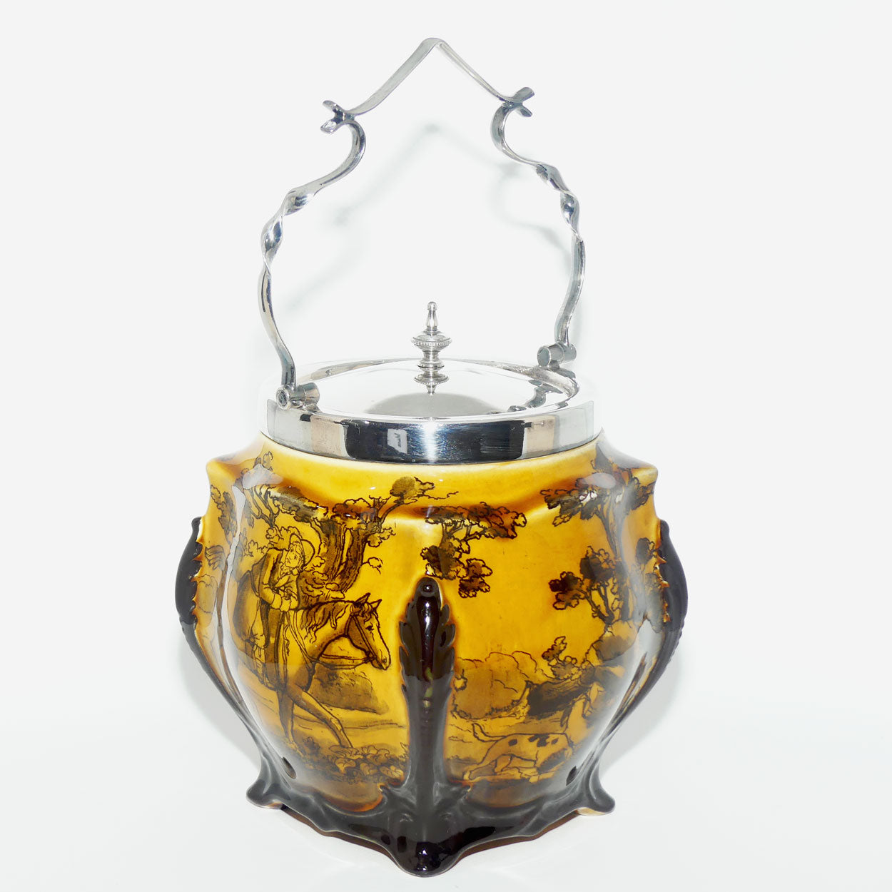 Royal Doulton Hunting - Morland unusual biscuit barrel with EPNS handle and lid D938 |Holbein Glaze|