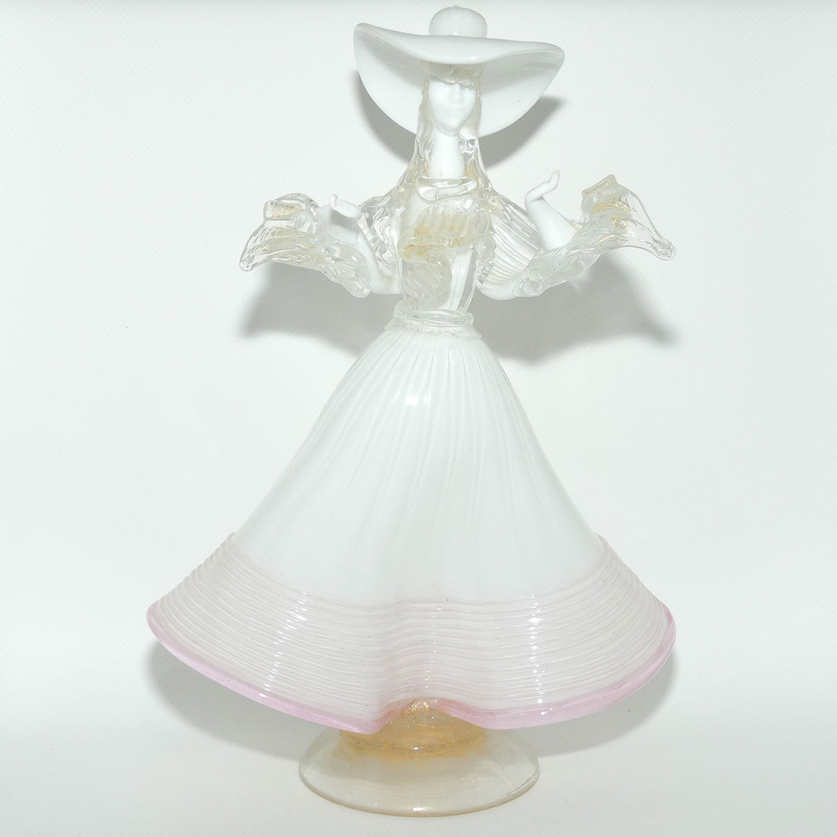 Large Murano Glass figure of a Lady | White and Clear Gilt Fleck | Pink Trim