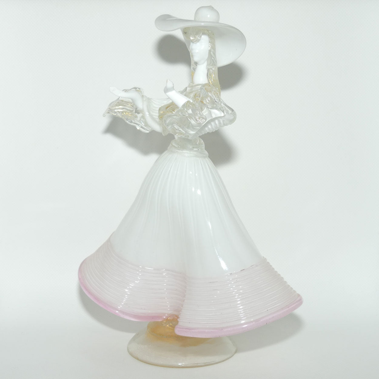 Large Murano Glass figure of a Lady | White and Clear Gilt Fleck | Pink Trim