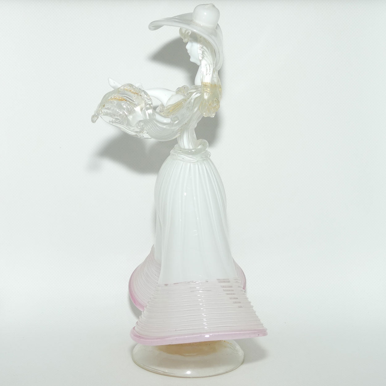 Large Murano Glass figure of a Lady | White and Clear Gilt Fleck | Pink Trim