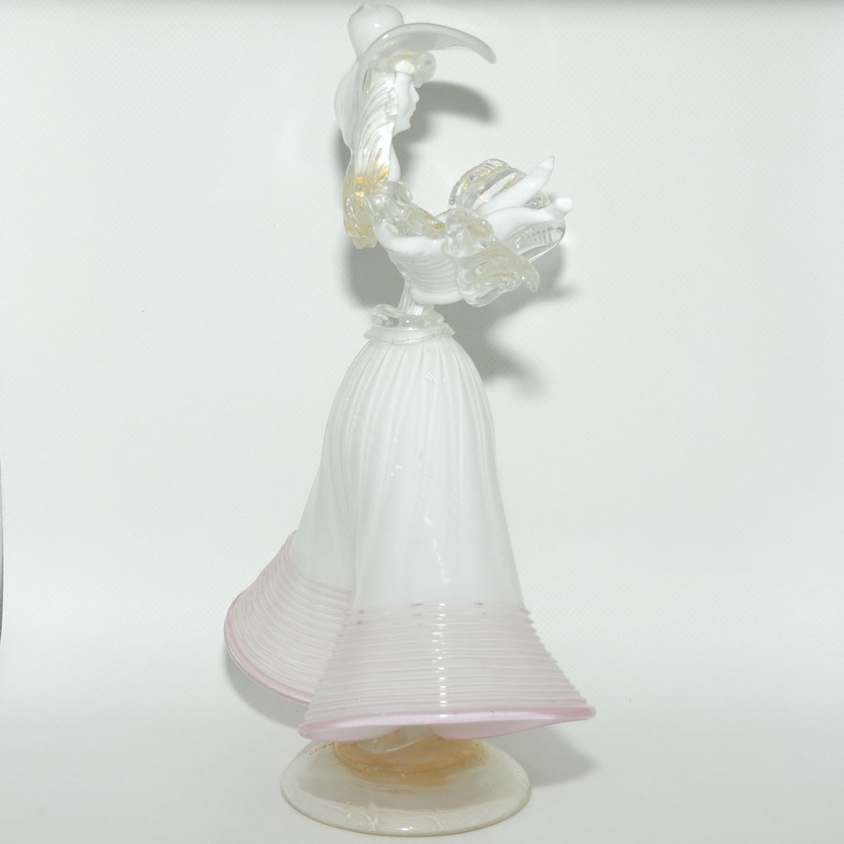 Large Murano Glass figure of a Lady | White and Clear Gilt Fleck | Pink Trim