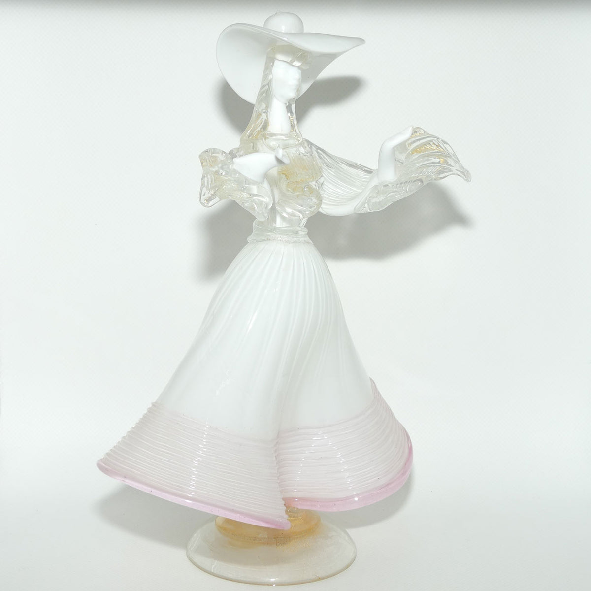 Large Murano Glass figure of a Lady | White and Clear Gilt Fleck | Pink Trim